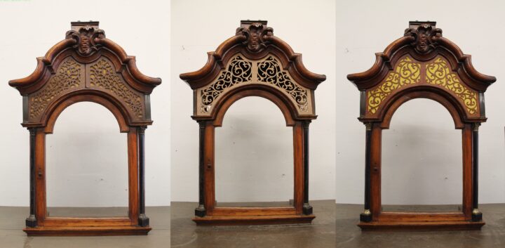 Ajourwerk staand horloge voor tijdens en na restauratie